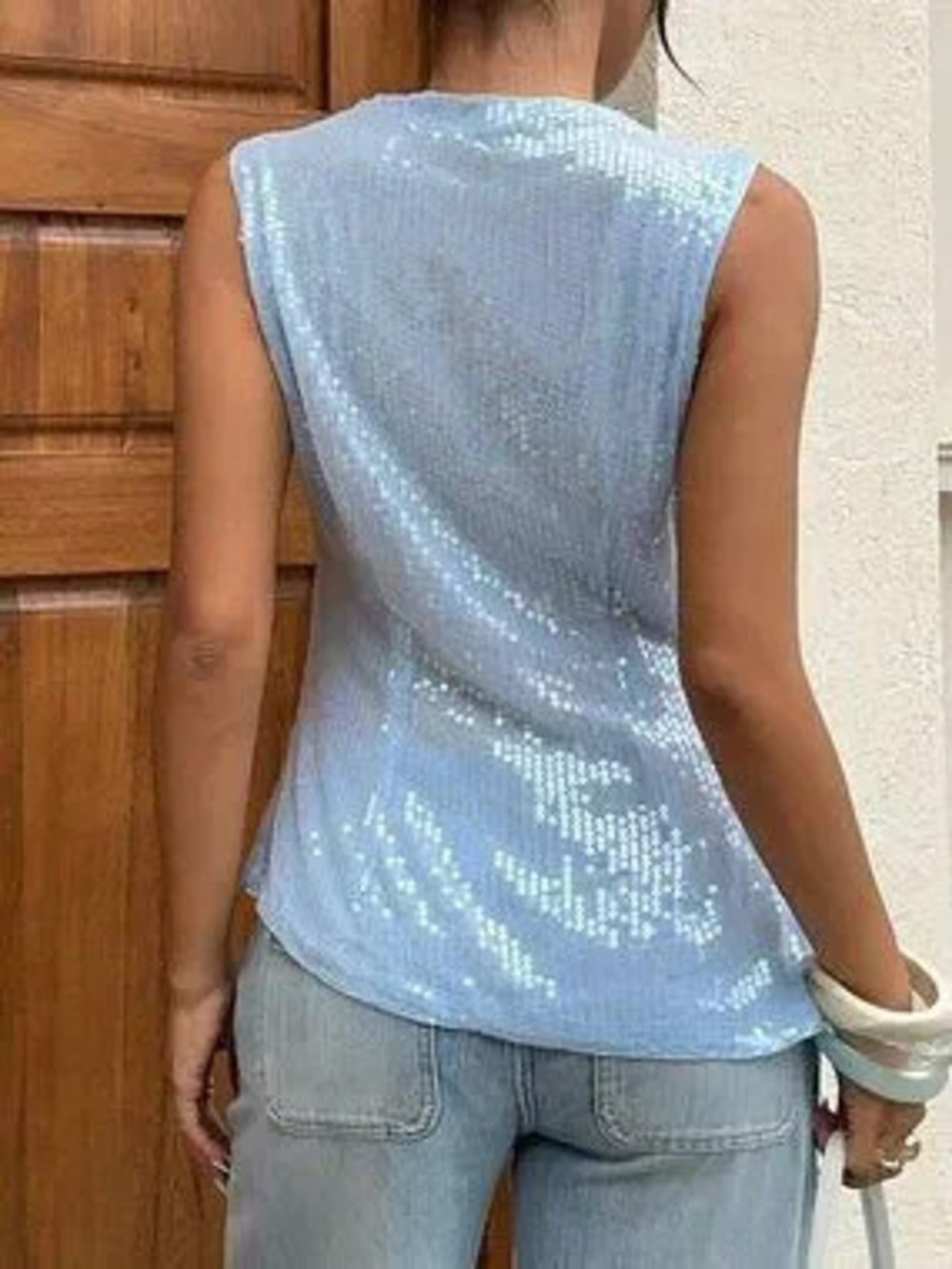 ZARA Baby Blue Elegant Chic Sequin Women's High Neck Sleeveless Slim Fit Blouse